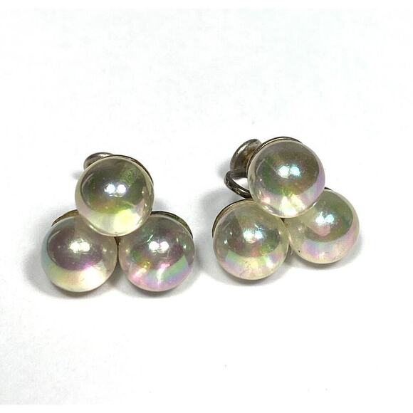 Screw Back Earrings Glass AB Beads Cluster Silver Tone Vintage Estate - Picture 2 of 14